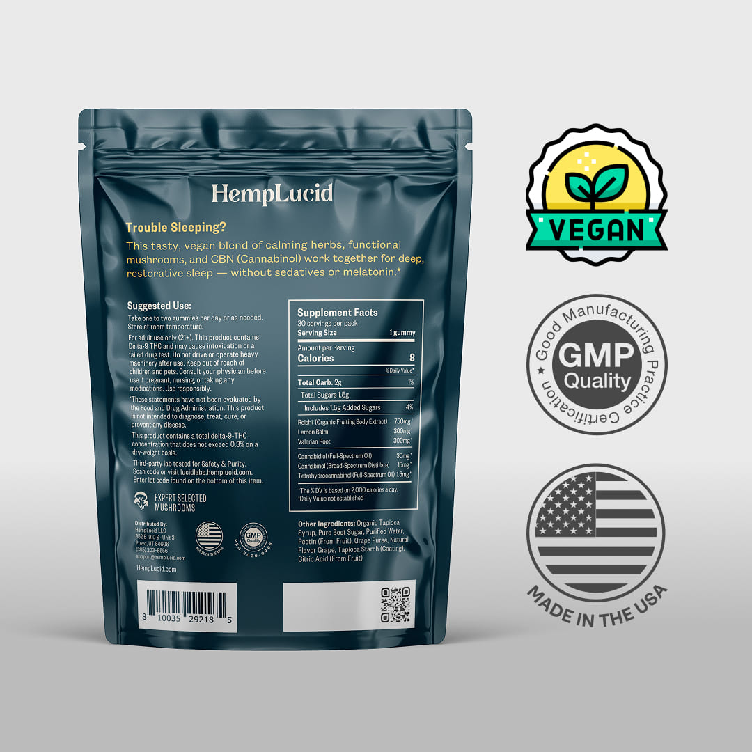 Hemplucid Mushrooms Sleep CBN Gummies myrtille citron 30 cubes