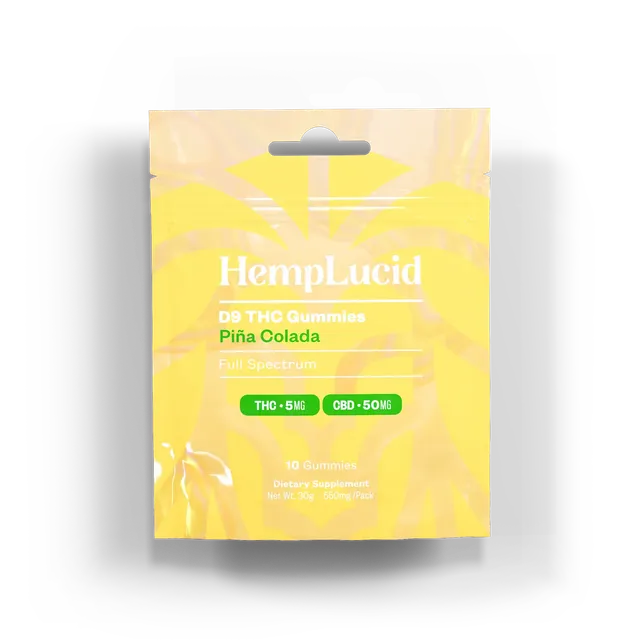 Hemplucid Delta 9 gummies THC 5mg CBD 50mg Piña Colada 10