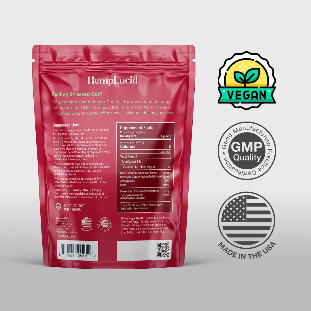 Hemplucid Mushrooms Stress gummies CBD pastèque 30